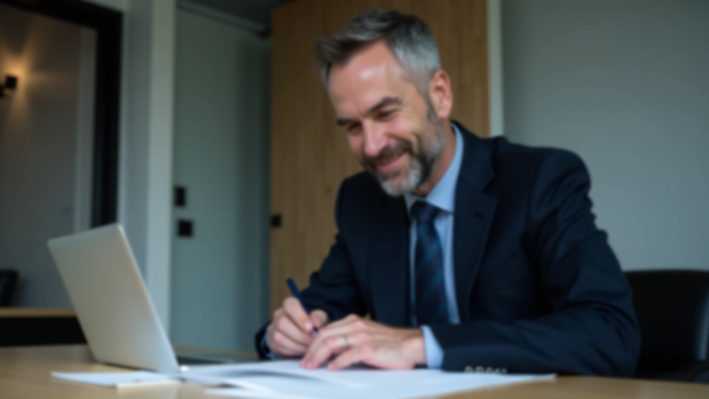 Mann mittleren Alters in modernem Büro mit Laptop und Finanzunterlagen, analysiert Immobilieninvestitionen