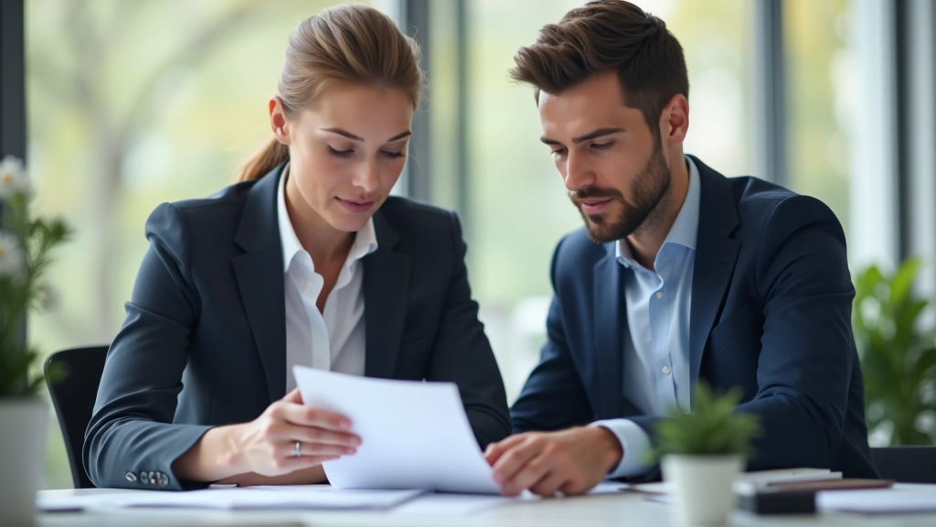 Zwei Personen in einem Beratungsgespräch bei einem Kreditberater, schauen auf Unterlagen mit Zinsvergleichen und Darlehenskonditionen