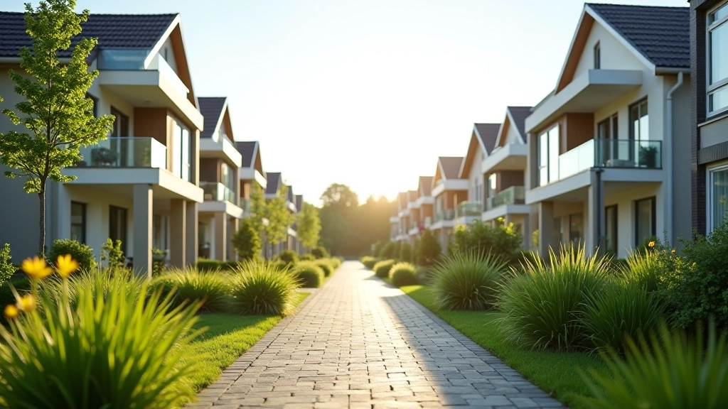 Moderne deutsche Wohngebäude mit gepflegten Gärten und Außenbereich