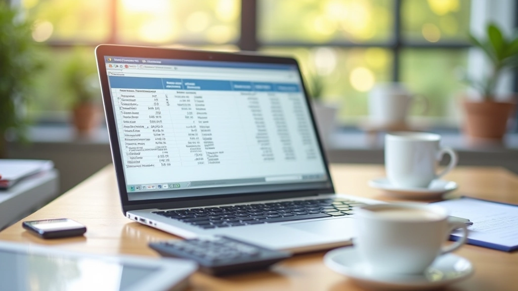 Laptop mit Kalkulation und Zahlen zur Darlehensberechnung, Taschenrechner und Notizbuch daneben