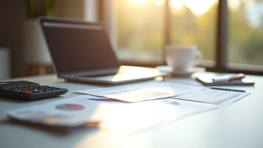 Modernes Büro mit Laptop, Dokumenten und Taschenrechner auf einem Schreibtisch
