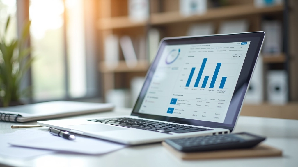 Moderner Schreibtisch mit Laptop und Finanzdiagrammen für Baufinanzierungsplanung