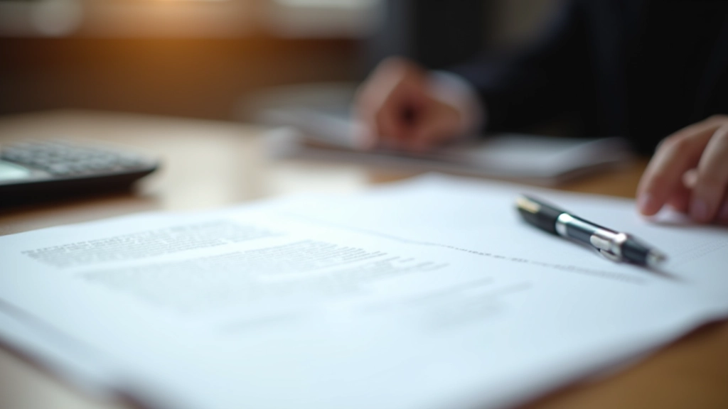 Rechner und Stift neben Hypothekendokumenten auf einem Schreibtisch, Papiere mit Kreditbedingungen