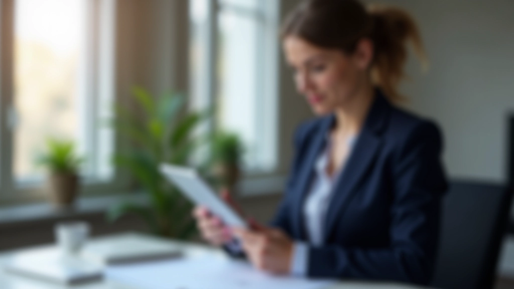 Geschäftsfrau mit Tablet und Papieren, Kalkulation von Finanzkosten in heller Büroumgebung