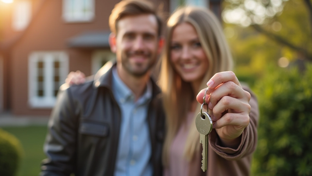 Junges Paar betrachtet ein Haus mit Schlüssel in der Hand, symbolisiert Hauserwerb und Hypothekenabschluss